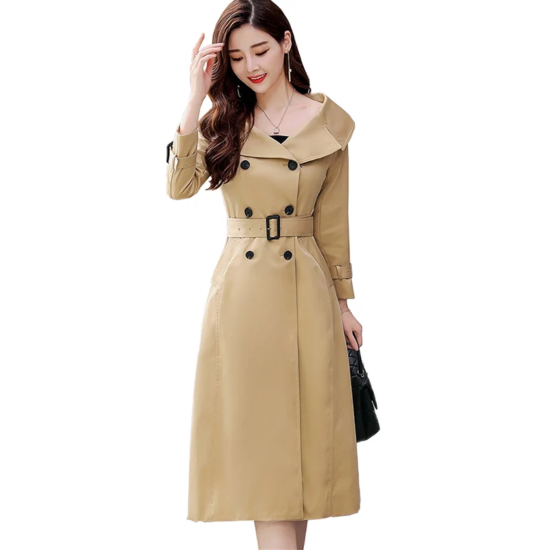 

2019 New Fashion Long Trench Coat Women Spring Autumn Khaki Double-breasted Elegant Windbreaker Female Casual Slim Outwear A2895
