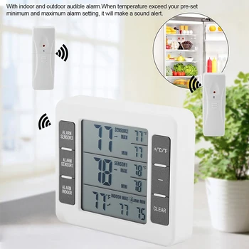 

2 Sensors Wireless Digital Freezer Alarm Thermometer Fridge Indoor Outdoor Instant Read Thermometer Stainless Steel Probe