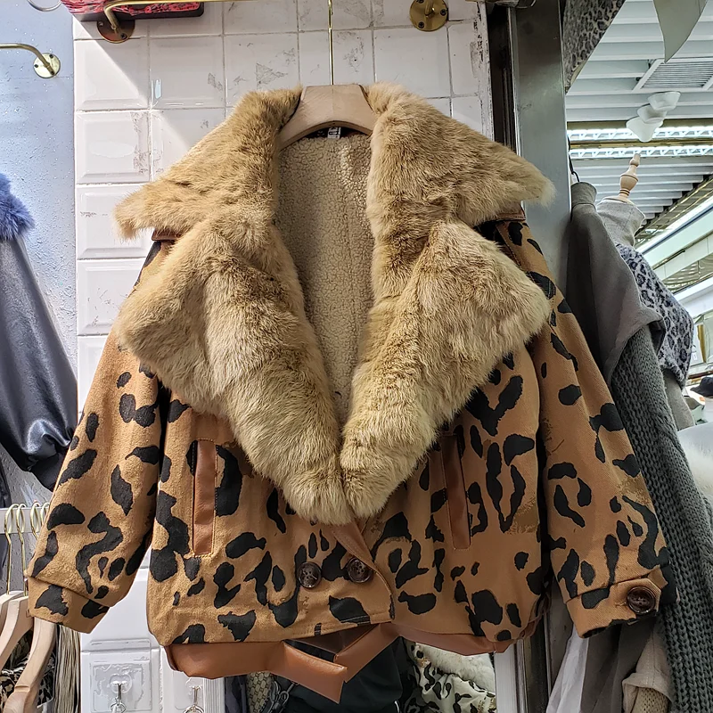 Женская куртка с воротником из натурального кроличьего меха, леопардовая куртка, зимнее уличное пальто, новинка, большой воротник, утолщенное джинсовое пальто, женская зимняя куртка, Mujer