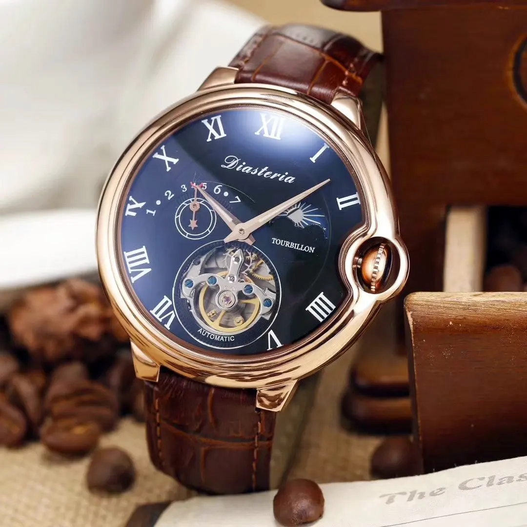 Модные 46 мм большой циферблат Для мужчин s Автоматический Tourbillon механические часы 24 часа солнце и луна циферблат спортивные Для мужчин наручные светящиеся стрелки