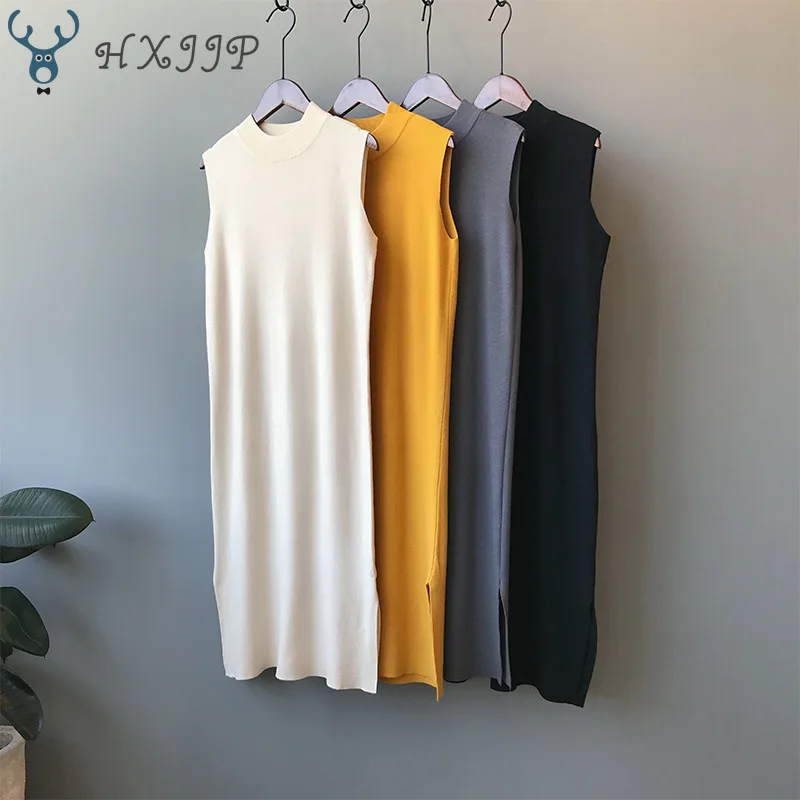 

Knitted Sleeveless Solid Dress Women 2019 New Korean Style Slim Semi-high Collar Backing Casual Vest Dress