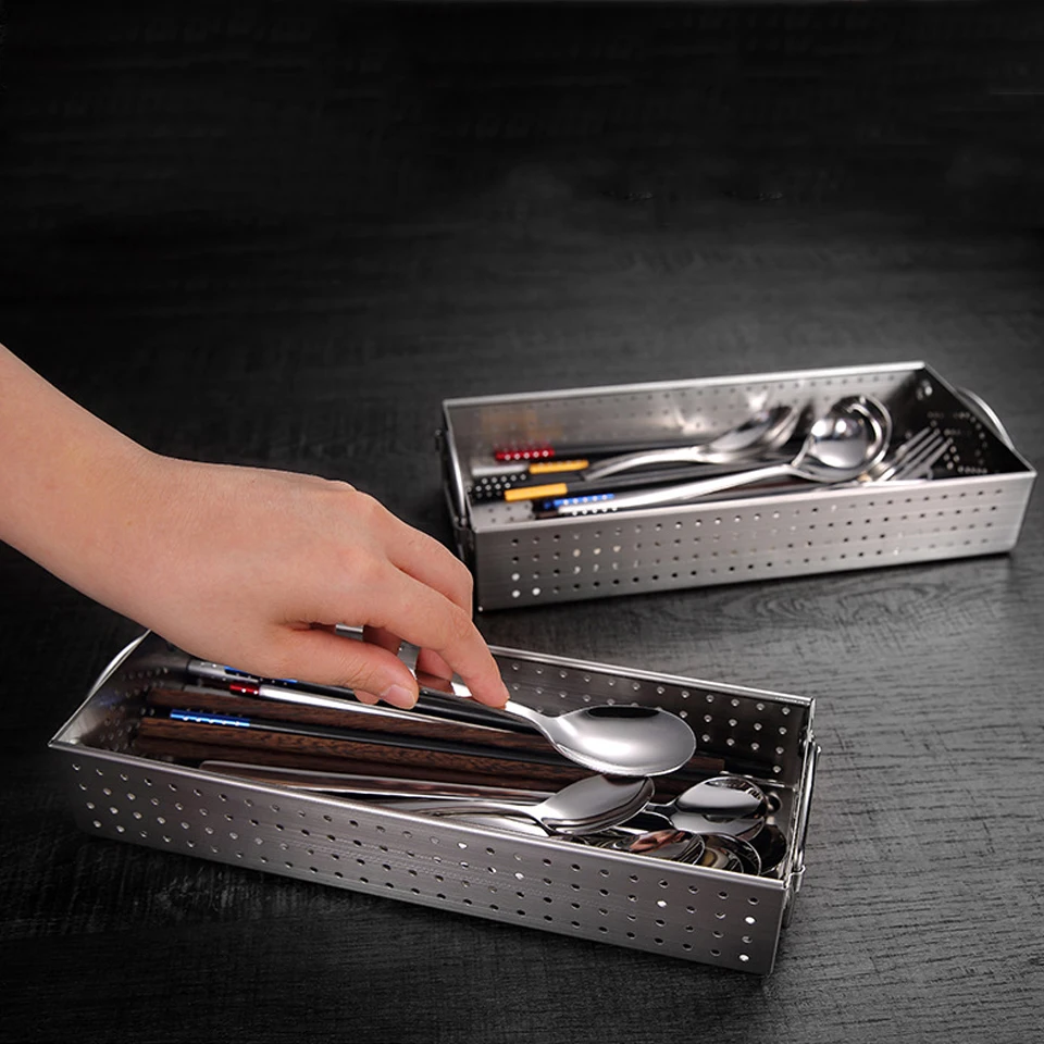 Caja de cubiertos de acero inoxidable 304, cesta de cubiertos de