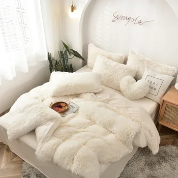 

New Winter Warm Soft Thicken Long Plush Wool Bedding sets Crystal velvet Quilted Bedsheet Bed Skirts Solid Color Duvet Cover Set