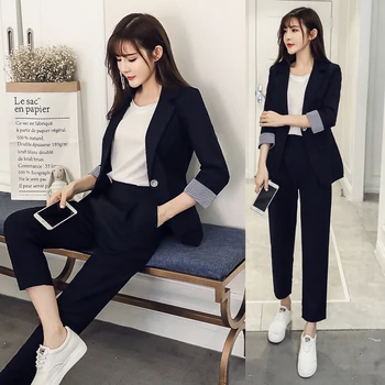 

New Women Two Piece Set Korean Casual Pant Suit Notched Blazer Jacket & Pant 2020 Office Wear Single Button Three Quarter Solid