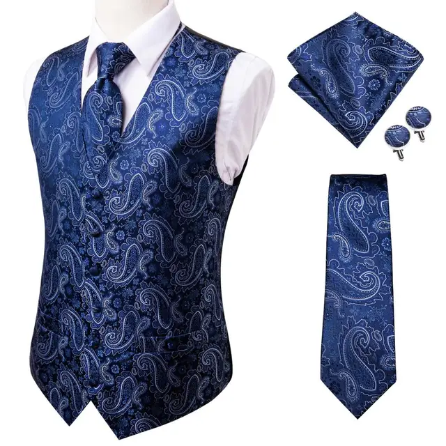 Hi-Tie 20 Color Silk Men's Vests and Tie Business Formal Dresses Slim Vest 4PC Hanky cufflinks for Suit Blue Paisley Waistcoat 1