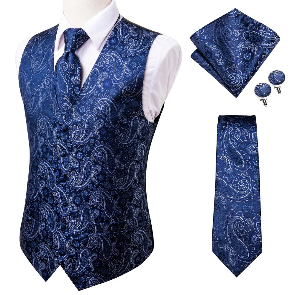 Hi-Tie 20 Color Silk Men's Vests and Tie Business Formal Dresses Slim Vest 4PC Hanky cufflinks for Suit Blue Paisley Waistcoat blazer suit