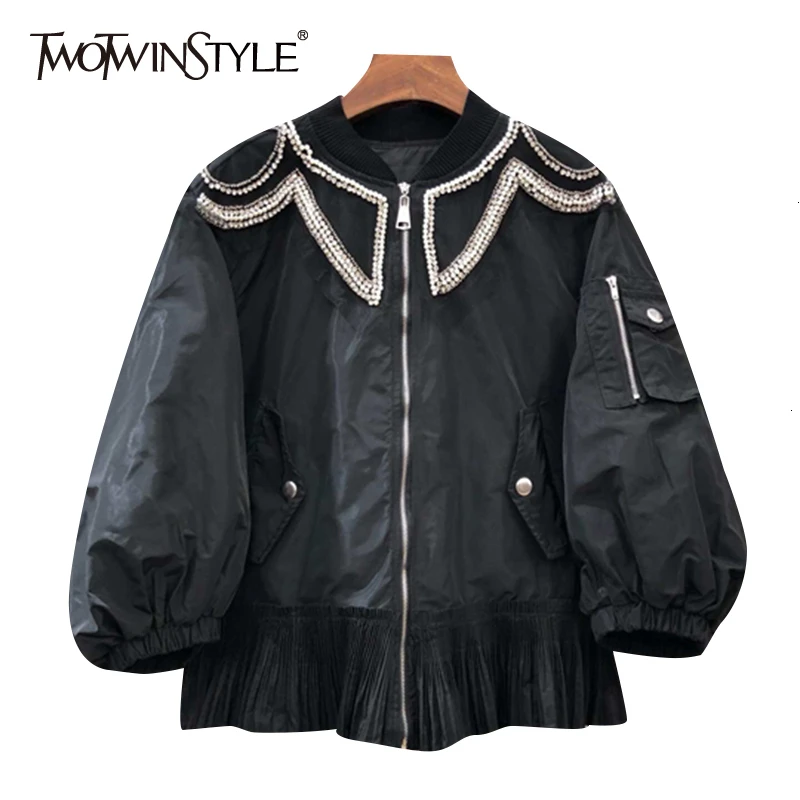 

TWOTWINSTYLE Patchwork Beading Tassel Coat For Women Puff Sleeve Stand Collar Ruffle Hem Female Coats 2019 Autumn Fashion New