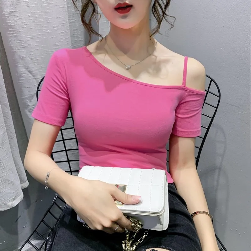 

2020 summer new woman tshirts irregular off-shoulder short-sleeved tops design sense tight-fitting stretch tops sexy slim fashio