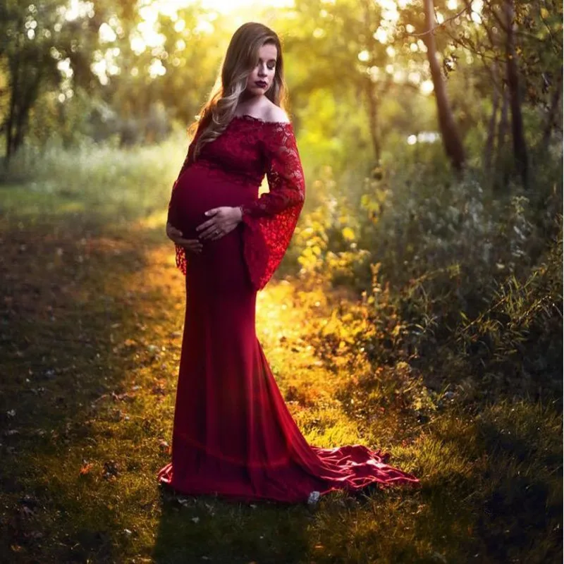 Платья для беременных; для фотосессии; кружевное мерсеризованное Хлопковое платье с одним словом; женская одежда с хвостом; длинное платье для беременных