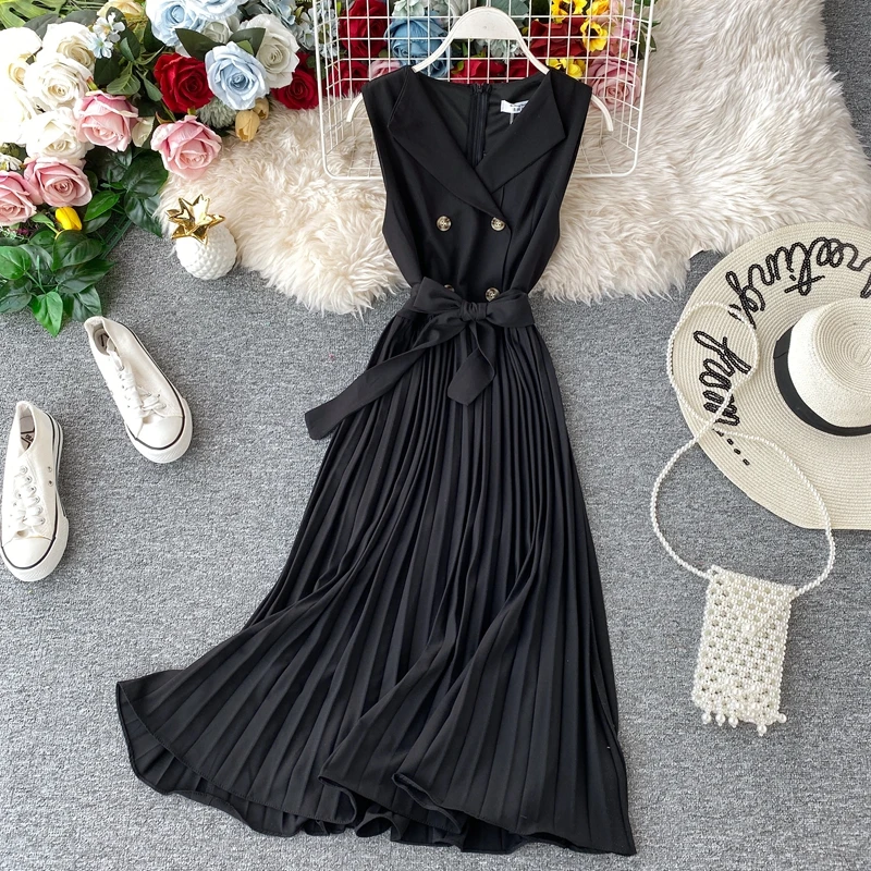 Черный ALPHALMODA элегантное плиссированное платье без рукавов, весна, двубортное Ретро тонкое женское модное винтажное платье с поясом - Цвет: Черный