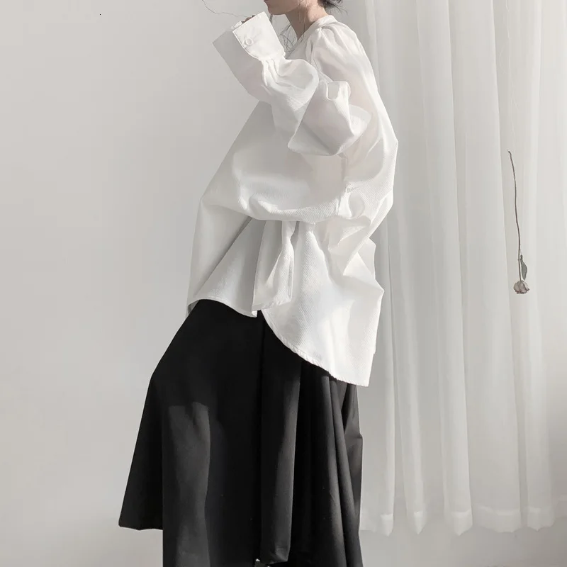 [EAM] Women Pleated White Big Size Blouse New Stand Collar Long Sleeve Loose Fit Shirt Fashion Tide Spring Autumn 19A-a636