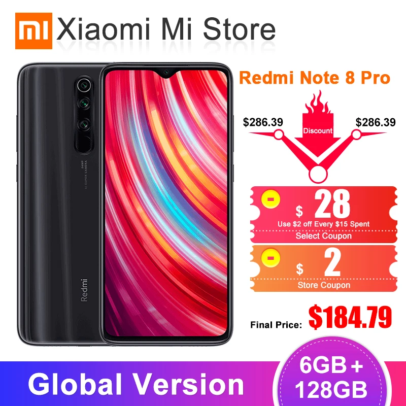  Xiaomi Redmi Note 8 Pro GLOBAL 6 ГБ 128 Гб Смартфон 64MP Quad Камера 6,53 "Helio G90T Octa Core 4500 мА/ч, Батарея NFC  
