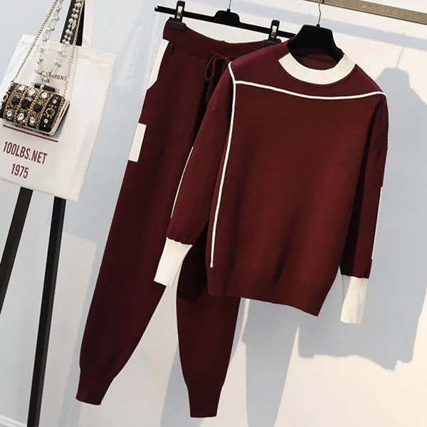 DEAT Autumn Women Knitted Two Piece Set Casual Sportsuit O Neck Long Sleeve Pullover Sweater Pants Set Tracksuit MG987 - Цвет: Burgundy