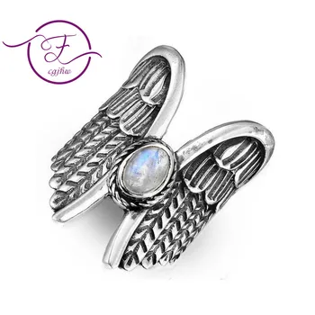 

FCGJHW Angel Wings Moonstone Ring Europe and America Retro Thai Silver Feather Ring