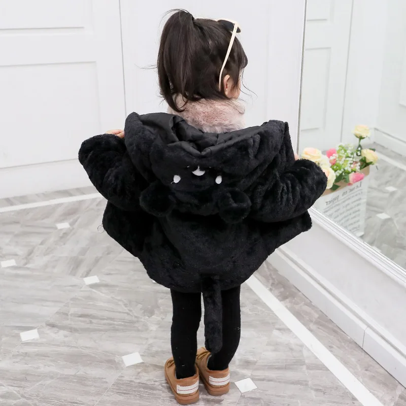 Fashion Children Cute Tail Sweater Coat Cotton Thicken for Winter Girls Faux Fur Natural Cozy Hooded Sweaters Coats 3- 8T