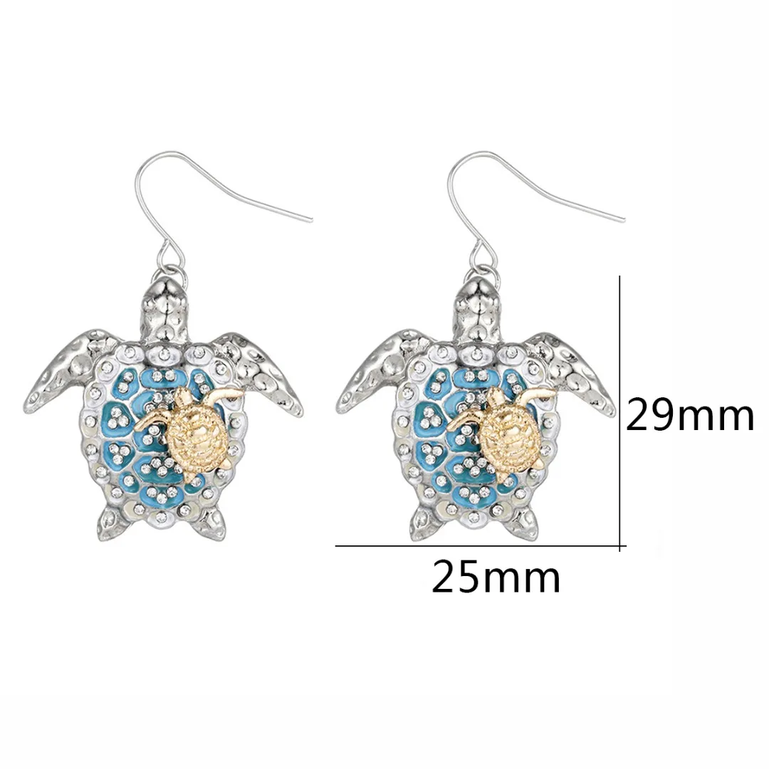 Ladies Turtle Cute Earring Beach Party Sea Turtle Rhinestone Drop Earring Crystal Mom and Baby Silver Long Earring Jewelry