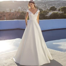 

Satin White Wedding Dress Backless V Neck A Line Cap Sleeves Sweep Train Bridal Gown Custom Plus Size Vestido De Noiva Fiesta