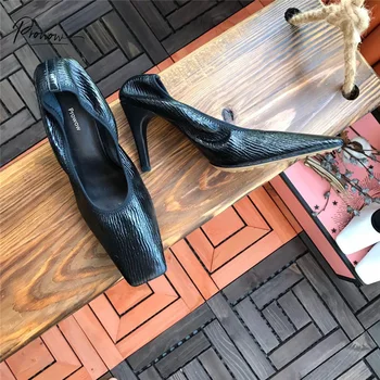 

Prowow New Fashion Black Gold Genuine Leather Women Pumps Square Toe Slip On Thin High Heel Women Pumps Casual Shoes Woman