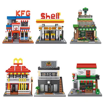 

City mini street view shell Gas station Digital apple store McDonalds star Coffee shop micro diamond block nanobrick toys