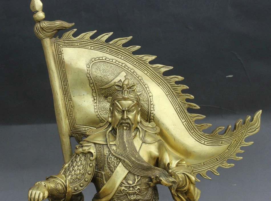 1" Китайский чистый Бронзовый Дракон Guan Gong Guan Yu воин Бог Лин флаг Статуя