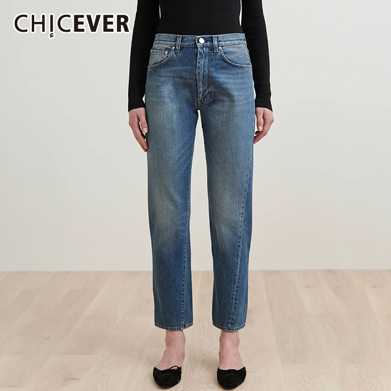 

CHICEVER Blue Jeans For Womens Vintage High Waist Slim Button Pockets Straight Calf-Length Jean Female Fashion New 2019 Autumn