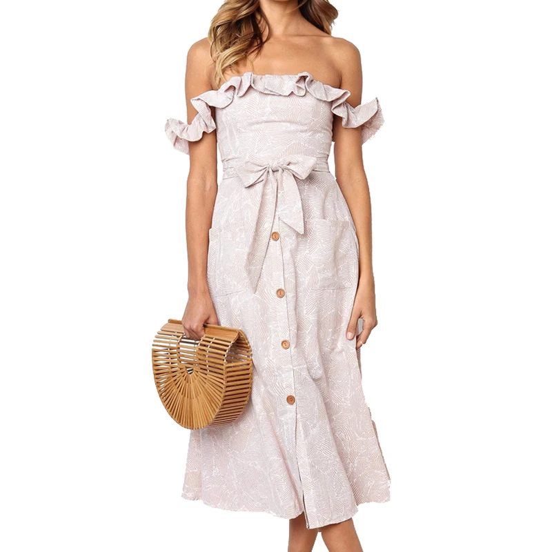 

Backless Strapless Sexy Midi Dress Pockets Printed Ruffles Boho Dress Buttons Female Summer Sundress Spring Women Dresses M0406