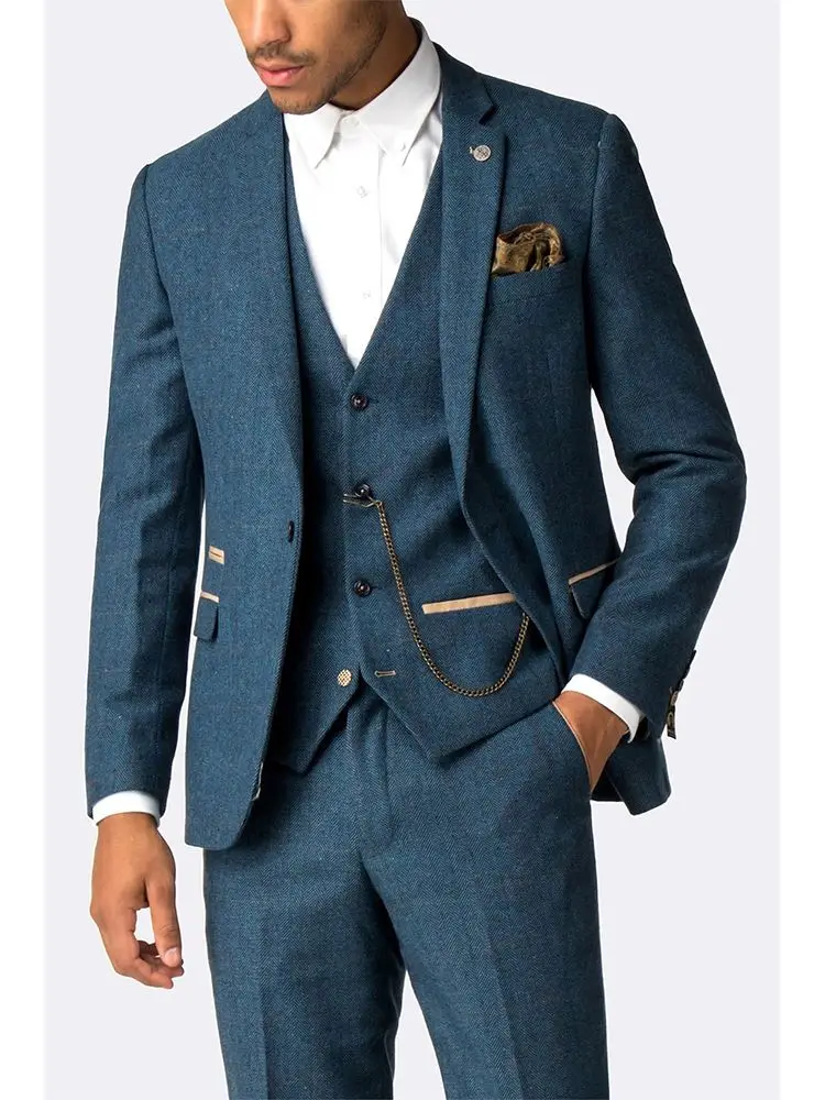 Spring and Autumn Blue Herringbone Men Suits Groom Blazer+Vest+Pants Business Work Wear Formal Evening Dinner Wedding Tuxedos áo khoác blazer Suits & Blazer