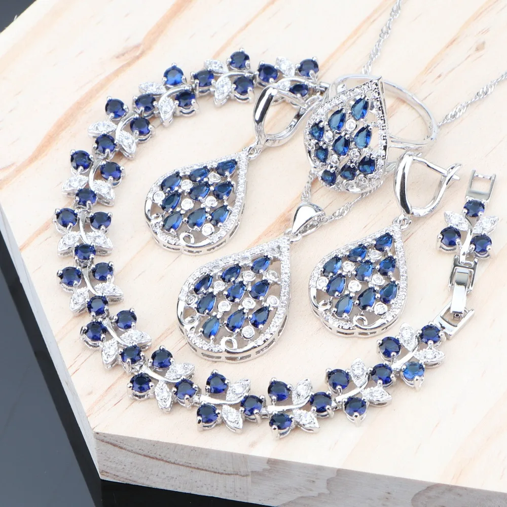 Голубой цирконий 925 серебряные ювелирные наборы для женщин костюмный дизайнерский браслет кольцо серьги с камнями свадебное ожерелье кулон набор
