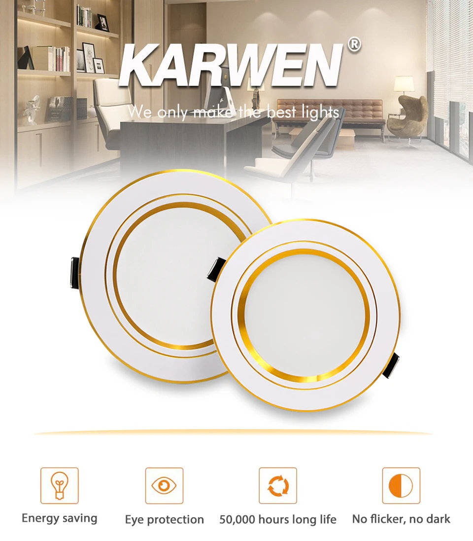 KARWEN светодиодный светильник AC 220V 230V 240V потолочный светильник 5W 9W 12W 15W 18W Золотой Светодиодный прожектор для гостиной