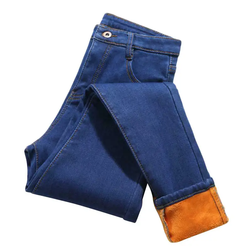 ED00250BU Новинка, теплые утолщенные брюки-карандаш, женские зимние джинсы, хлопок, высокая талия, застежка-молния, пуговицы, женские джинсы - Цвет: ED00250BU