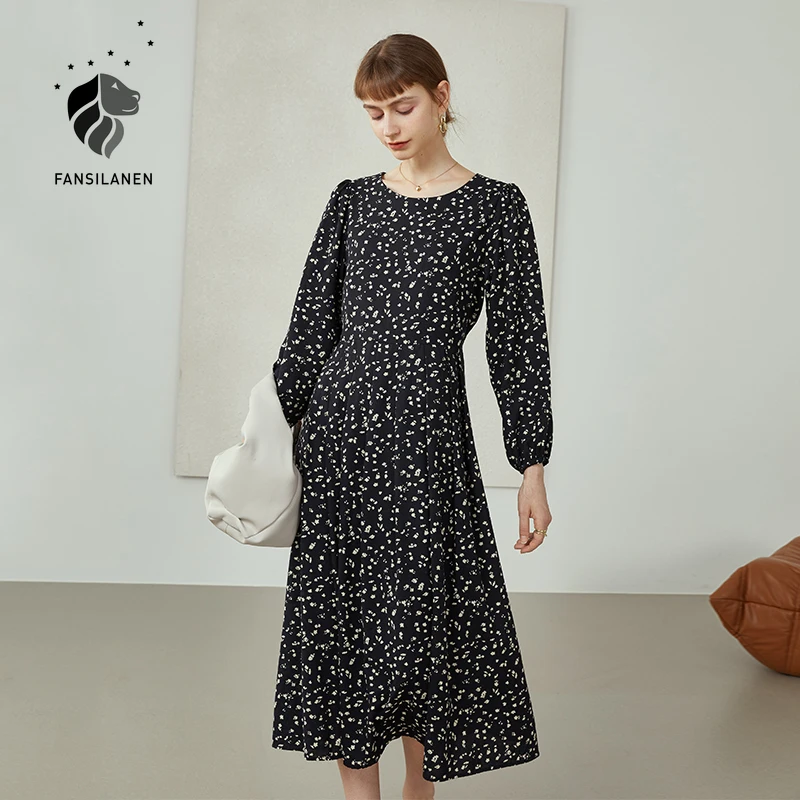 Женское платье с круглым вырезом fansilавто французское длинным рукавом и для