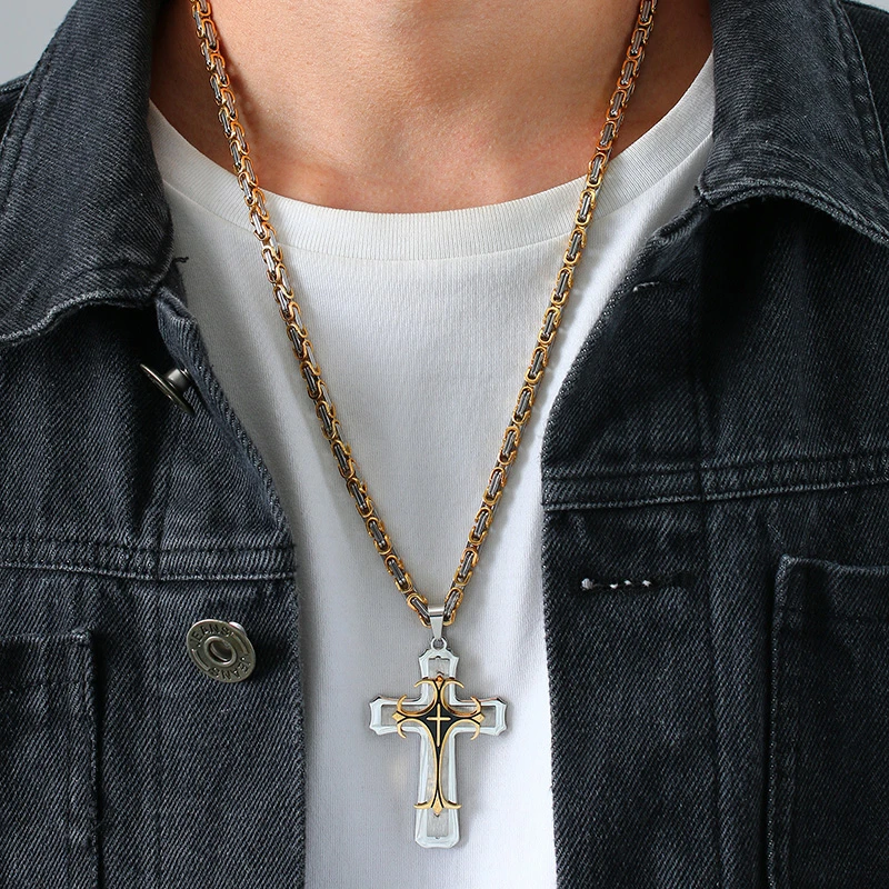 Vnox Cross Necklace For Men Byzantine Gold Color Stainless Steel