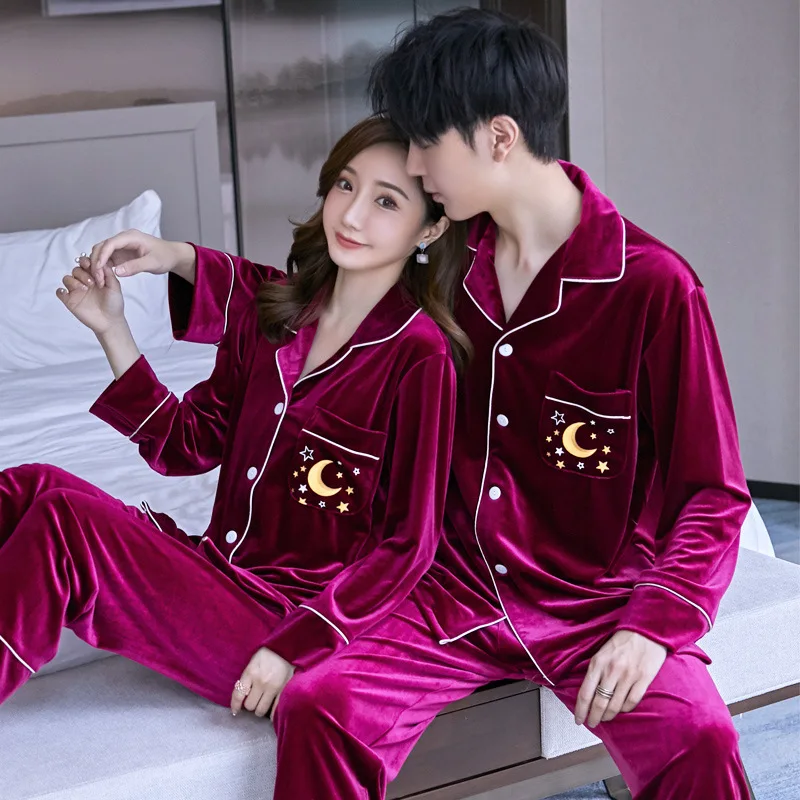 

V-Neck Velvet Couple's Pajamas for Women Long Sleeve Autumn Winter Men Pyjamas Sleep Tops Trousers Pijama Womens Two Piece Sets