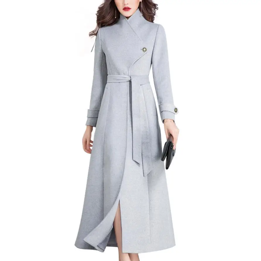 

plus size 3XL！winter x-long belted woolen coat women warm slim wool blends coat