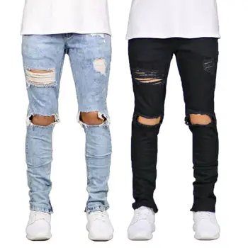 

New Summer Mens Skinny Jeans Men Ripped Skinny Jeans Hole Destroyed Frayed Slim Fit Denim Pant Solid Color Pencil Pants Trousers