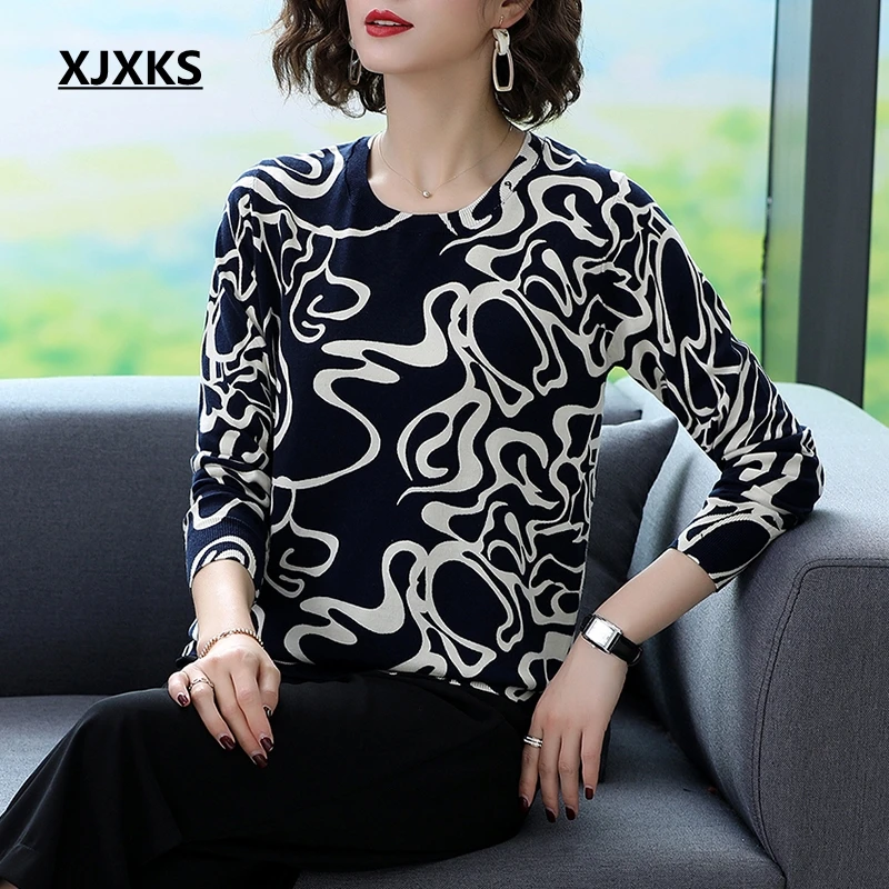 

XJXKS Fashion Women Print Sweater Autumn Winter Pull Femme Long Sleeve Pullovers Jumper Plus Size Knitted Sweater Tops