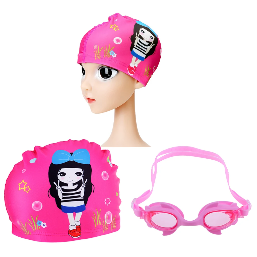Anti-Fog Swimming Goggles age 4-12 + Cute Swim Cap + Ear Plugs for Kids Girls Boys Adjustable Strap Swim Glasses