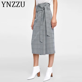 

YNZZU Elegant Plaid Long Split Skirts Women High Waist Bow Sashes Office Lady Workwear 2020 Fashion Clothing New Bottoms AB293