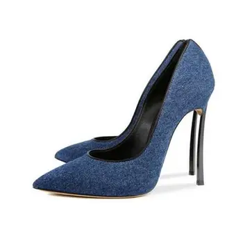 

Dark Blue Denim High Heels Pointed Toe Metal Blade Heels Dress Pumps For Women Slip-on Office Lady Party Dress Shoes