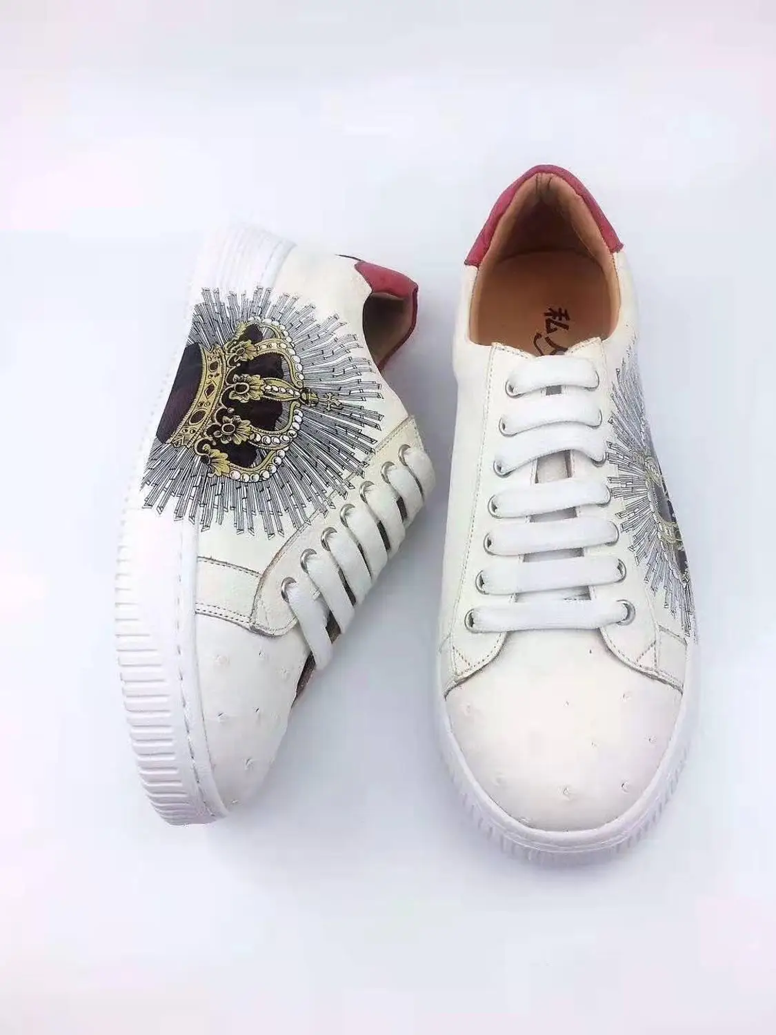 new production real genuine ostrich skin white color fashion sneaker shoe with genuine cowhide skin lining
