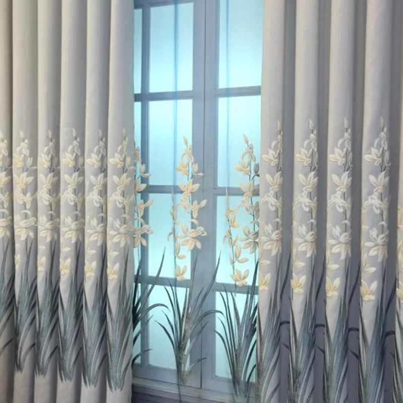 

European Laser Hemp Curtains for Living Dining Room Bedroom Flower Embroidery Blackout Curtains Tulle Fashion Voile
