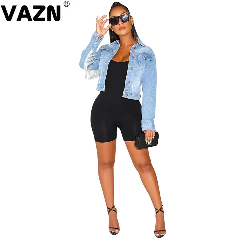 VAZN BS1129 новые джинсовые Верхняя одежда тяжелая промышленность кисточка повседневная одежда с длинным рукавом Дикий Джокер Женская Мини верхняя одежда - Цвет: Синий