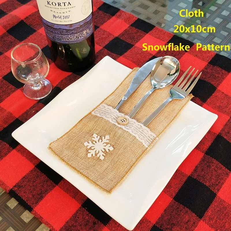 Christmas White Bow Linen Lace Tableware Silverwaser Holder Knife Fork Cover Xmas Ornament Dinner Table Decoration 1/2/4/6/10PCs