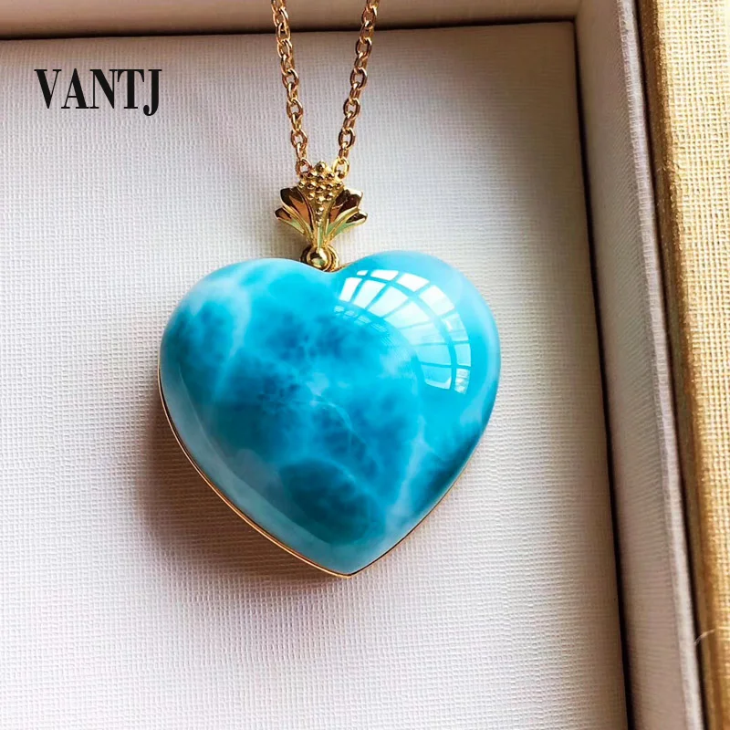 

VANTJ 14K Yellow Gold Pendant Elegant Natural Blue Larimar Fine Jewelry Necklace for Women Lady Party Wedding Gift whit Box