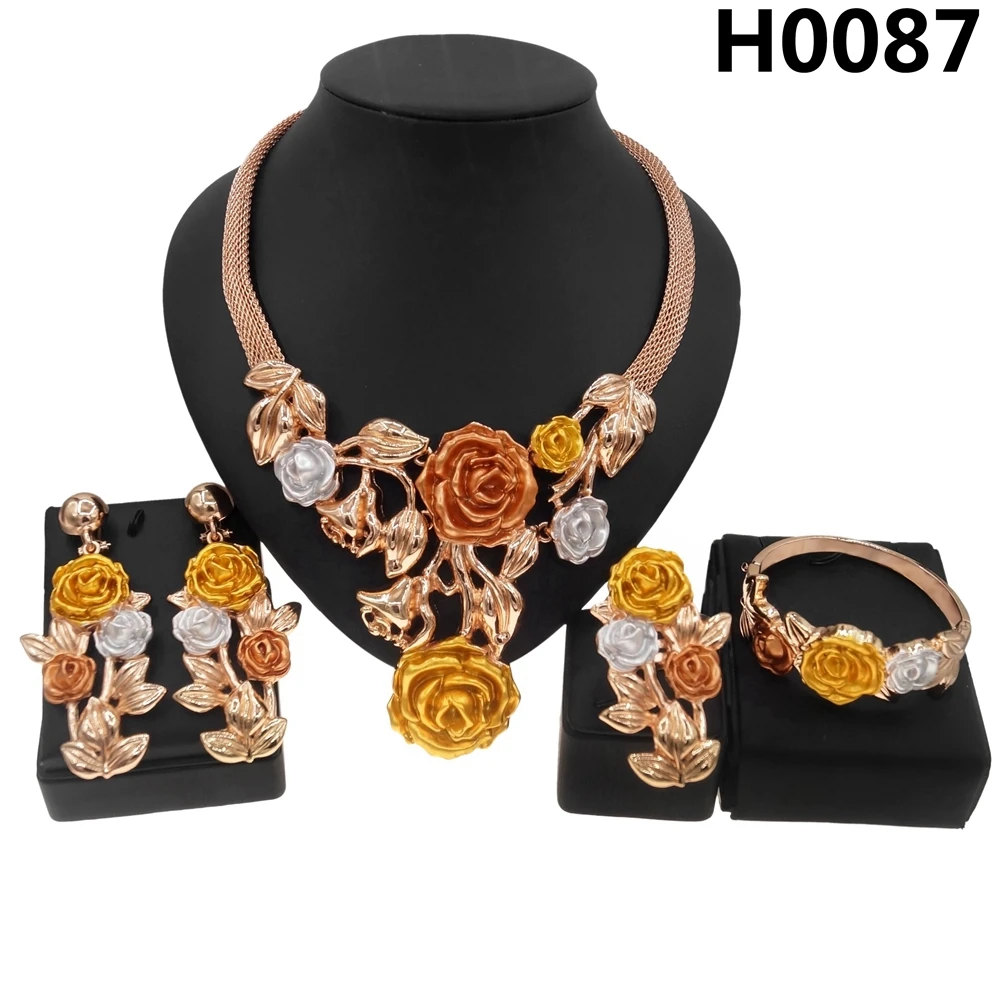 Newest Italian Jewelry Set High Quality Color Rose Flower Necklace Wedding Party Fashion Earring Bracelet H0085