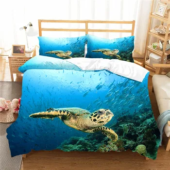 

Swimming Fish and Sea Turtle Duvet Cover Set Deep Ocean Blue Quilt Cover Decor Bedding Set Microfiber Bed Cover with Pillowcase
