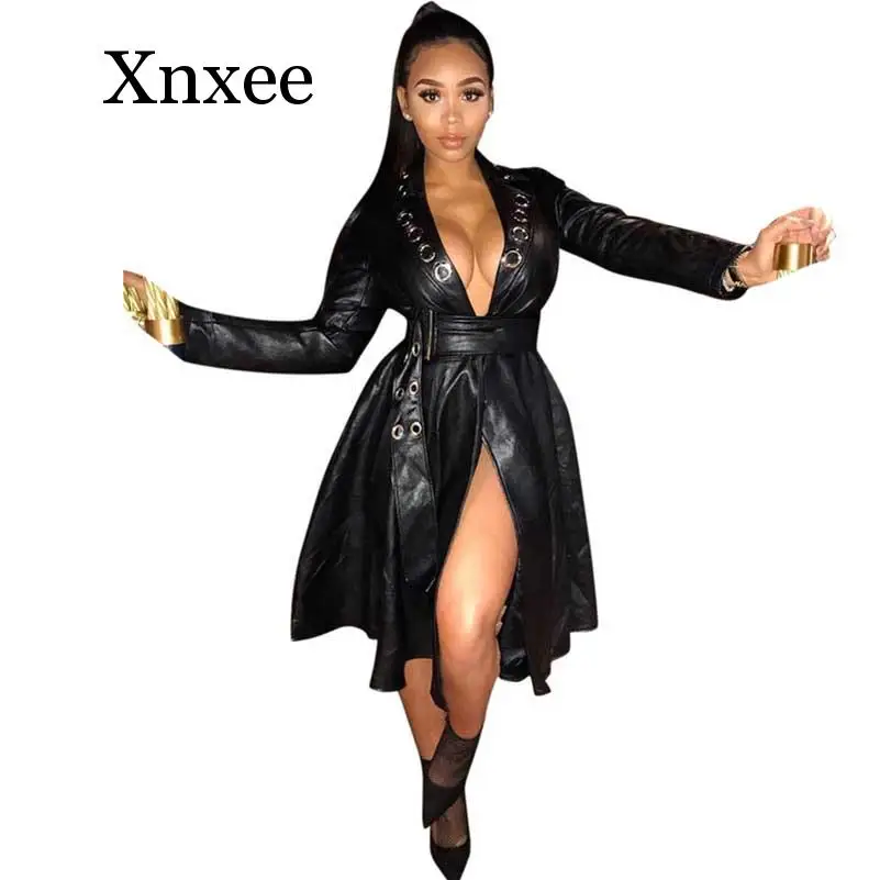 

Black Sexy Belt Women New PU Faux Leather Long Sleeve Eyelet Deep V-neck With Belt Pleated Big Swing Long Jackets Coat Dress