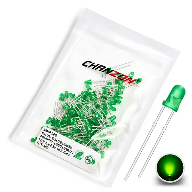 3mm LED Diode Kit Ultra Bright Warm White Red Green Blue UV Purple Yellow Orange Pink Clear Diffused Lens F3 Emitting Assortment 100Pcs Color Y-Green