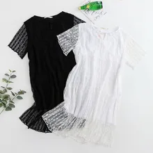 Robe d'été décontractée à col rond pour femmes, en dentelle blanche et noire, à manches courtes, à volants, vêtements élégants, grande taille, 2021 