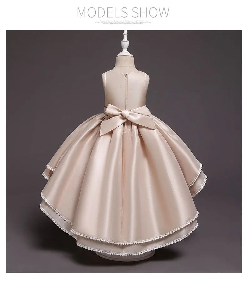 Girls Princess Dress Lace Tailing Dress Embroidery Front Brake Block Satin biao yan qun Host Flower Girl